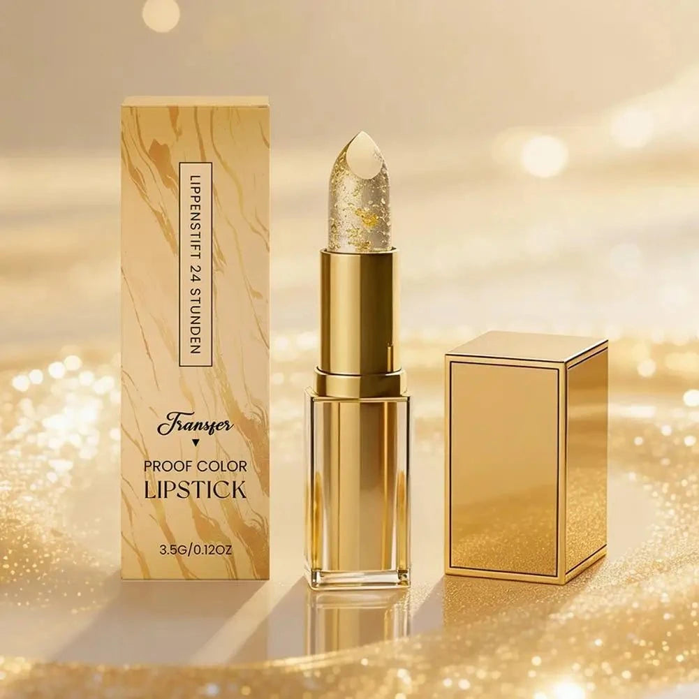 Gold-glänzender, feuchtigkeitsspendender Lippenbalsam mit Farbwechsel und Hyaluronsäure gegen Trockenheit und Fältchen